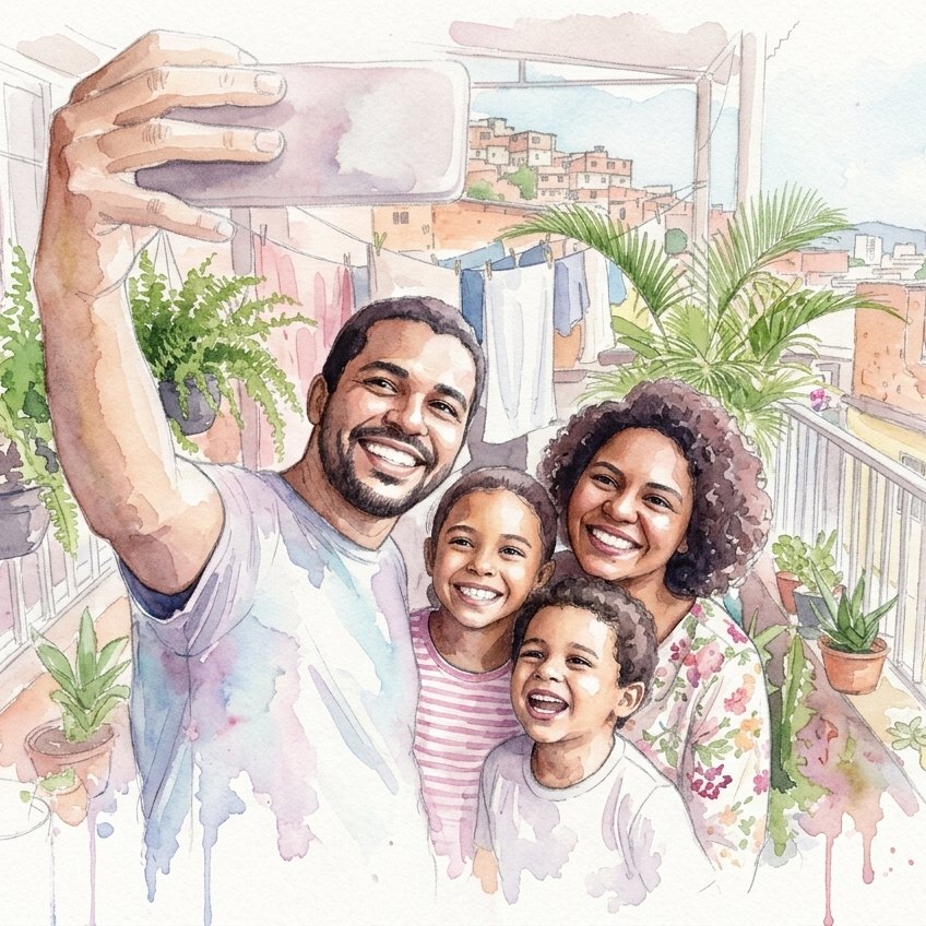 A mesma foto transformada em arte no estilo Aquarela