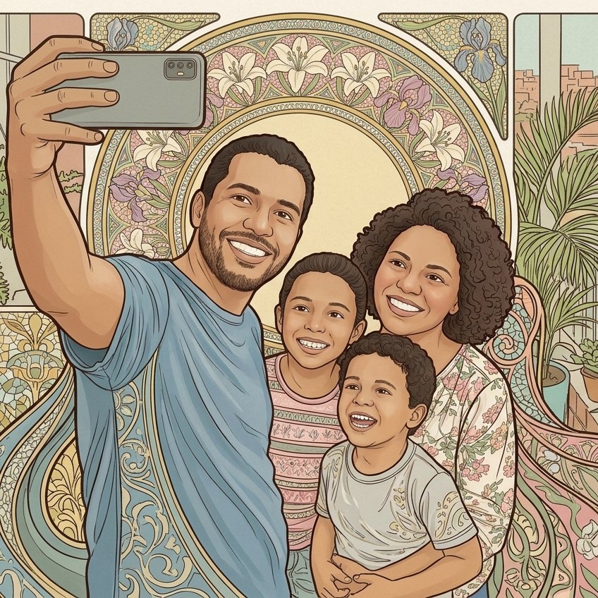 A mesma foto transformada em arte no estilo Art Nouveau