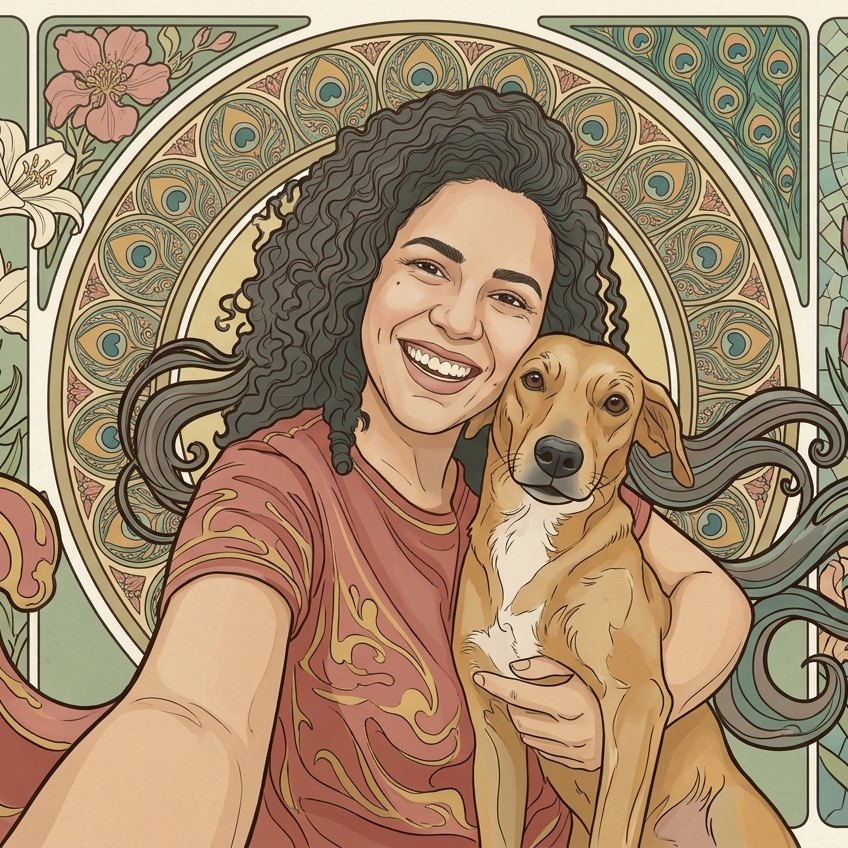 A mesma foto transformada em arte no estilo Art Nouveau