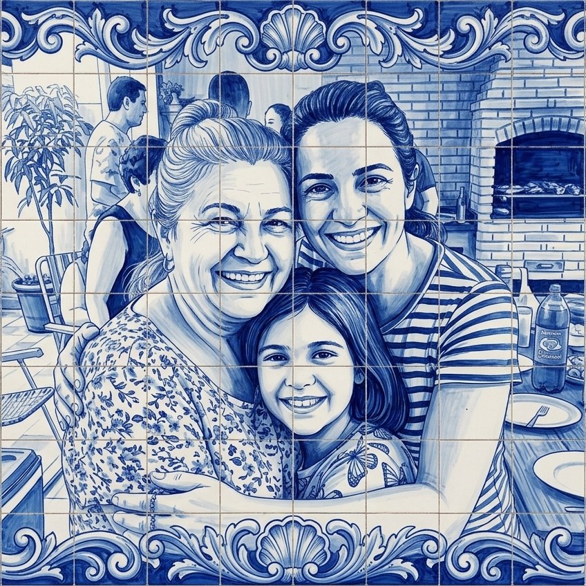 A mesma foto transformada em arte no estilo Azulejo Português