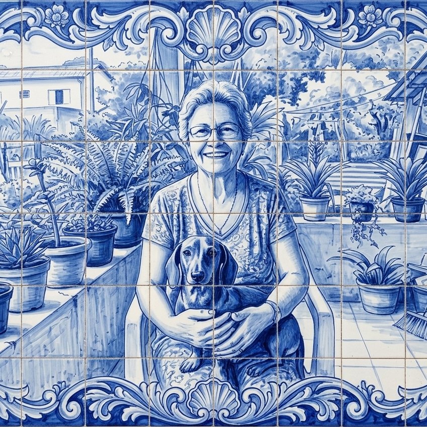A mesma foto transformada em arte no estilo Azulejo Português