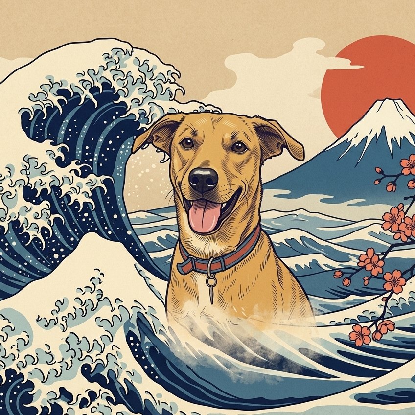 A mesma foto transformada em arte no estilo Grande Onda de Kanagawa