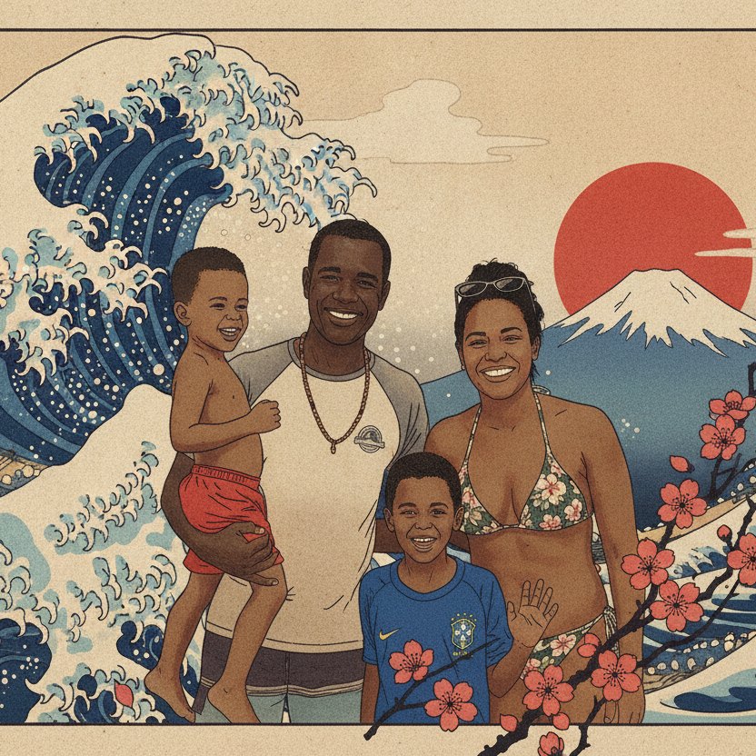 A mesma foto transformada em arte no estilo Grande Onda de Kanagawa