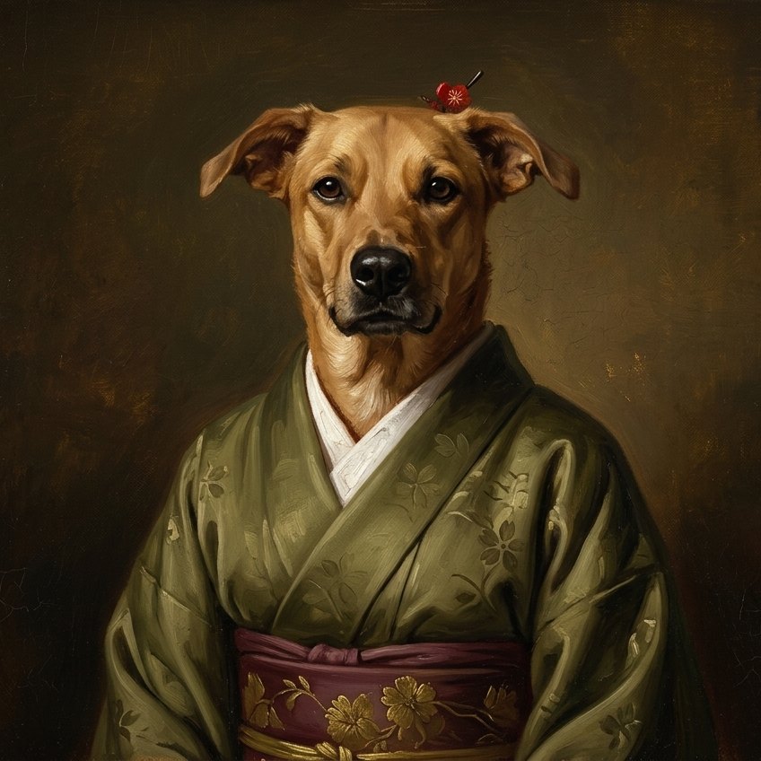 A mesma foto transformada em arte no estilo Pet Gueixa