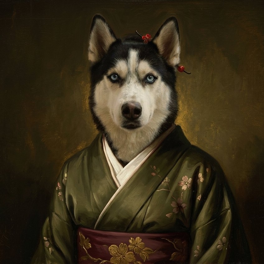 A mesma foto transformada em arte no estilo Pet Gueixa