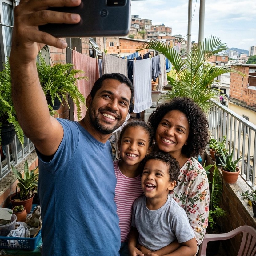 Foto original de uma família, tirada no celular