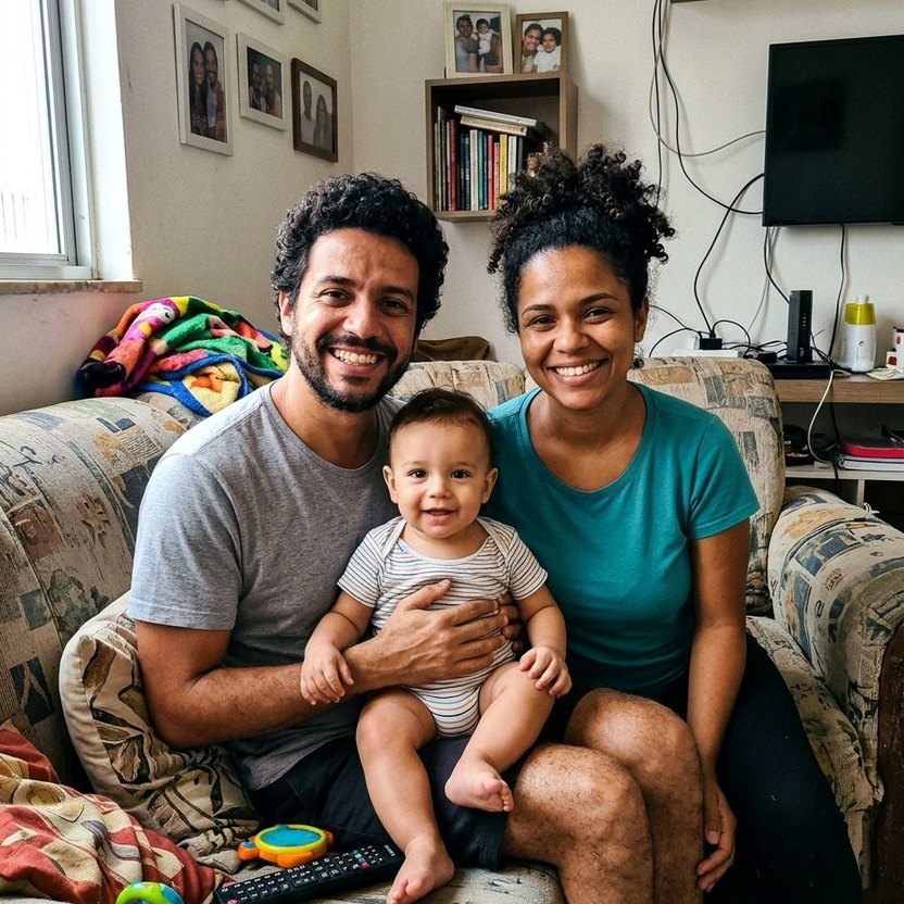 Foto original de uma família, tirada no celular
