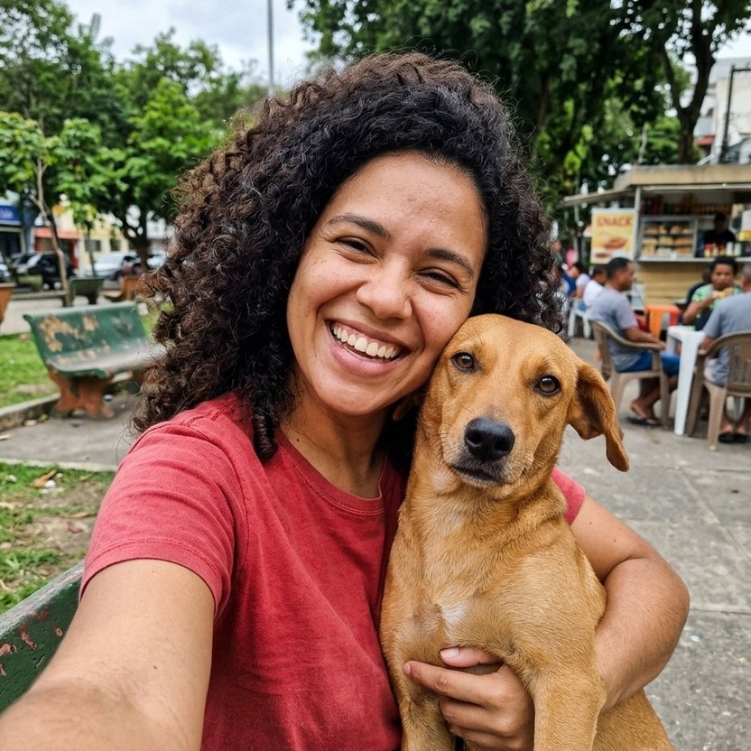 Foto original de uma pessoa com o pet, tirada no celular