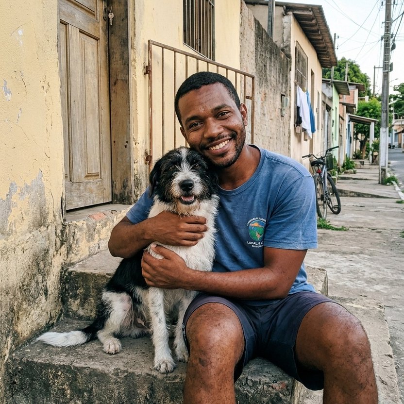 Foto original de uma pessoa com o pet, tirada no celular