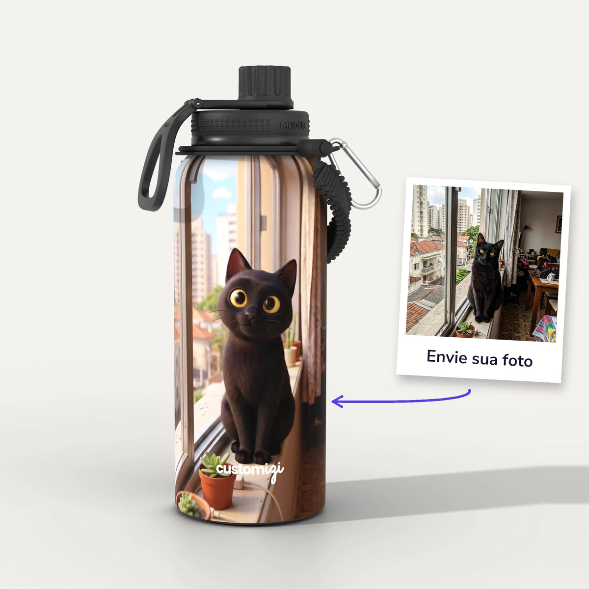 Garrafa Térmica 1L Animação 3D personalizada: antes e depois com a foto enviada