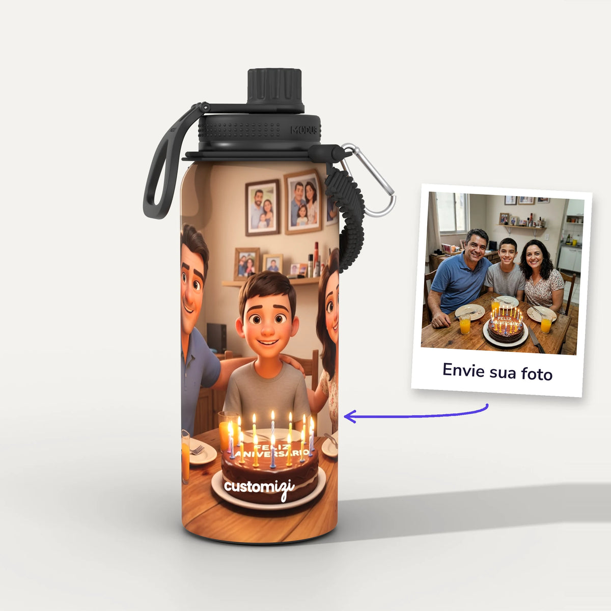 Garrafa Térmica 1L Animação 3D personalizada: antes e depois com a foto enviada
