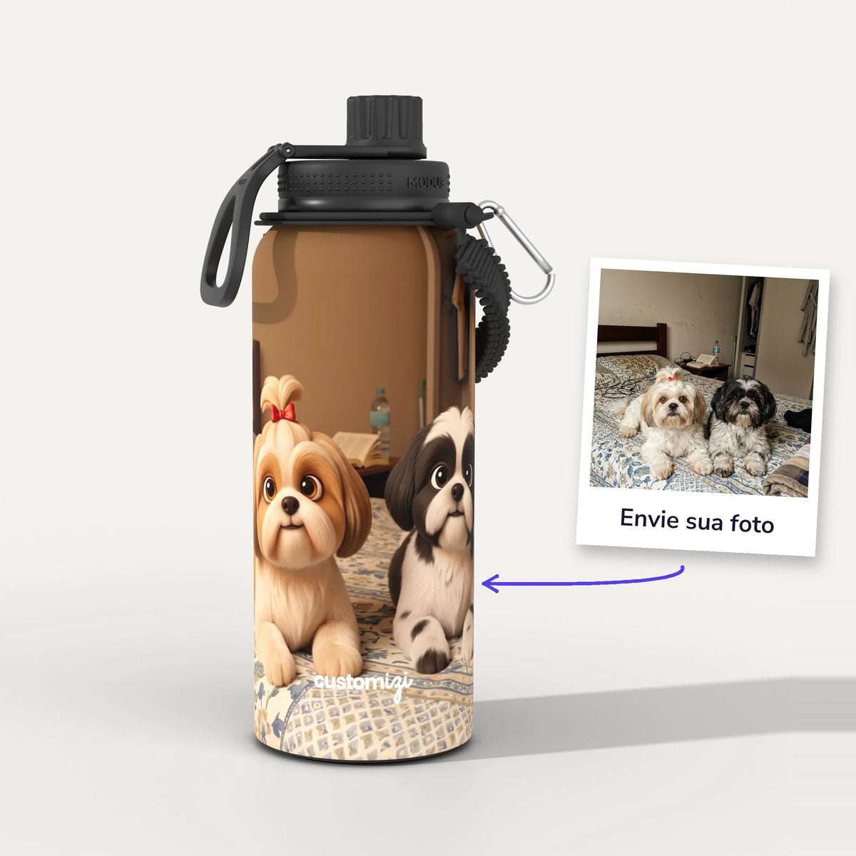 Garrafa Térmica 1L Animação 3D personalizada: antes e depois com a foto enviada