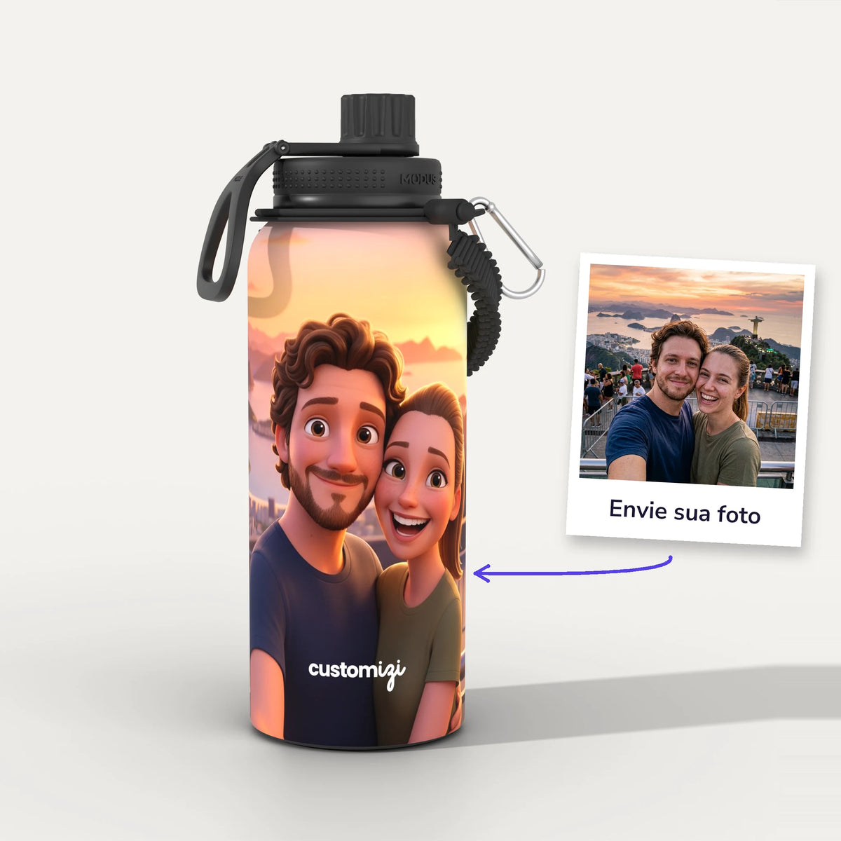 Garrafa Térmica 1L Animação 3D personalizada: antes e depois com a foto enviada