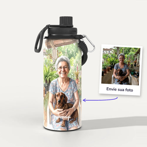 Garrafa Térmica 1L Aquarela personalizada: antes e depois com a foto enviada