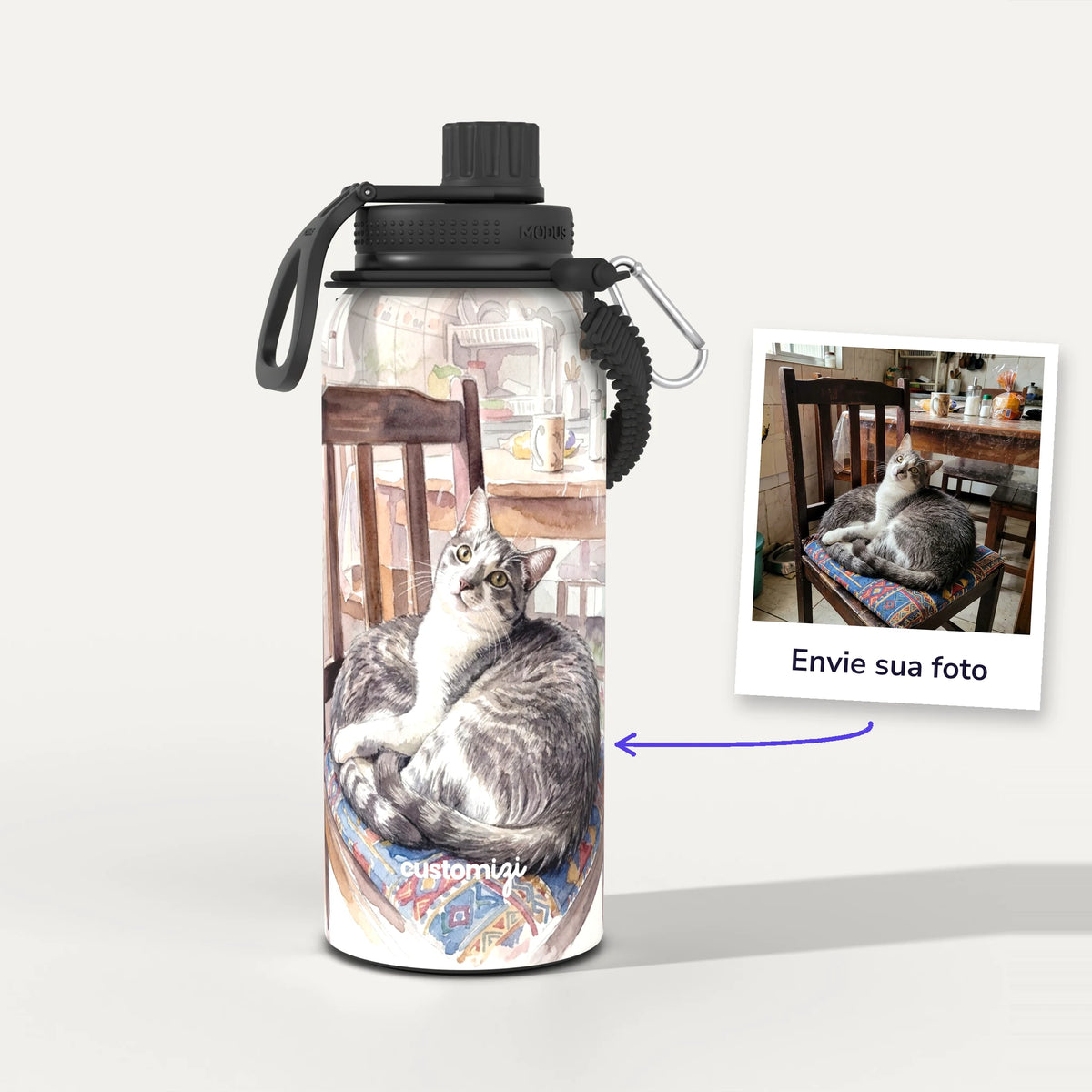 Garrafa Térmica 1L Aquarela personalizada: antes e depois com a foto enviada