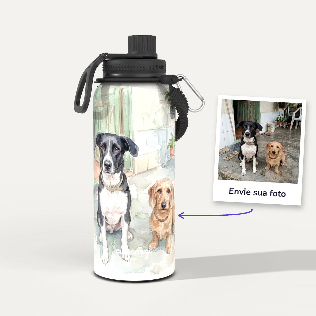 Garrafa Térmica 1L Aquarela personalizada: antes e depois com a foto enviada