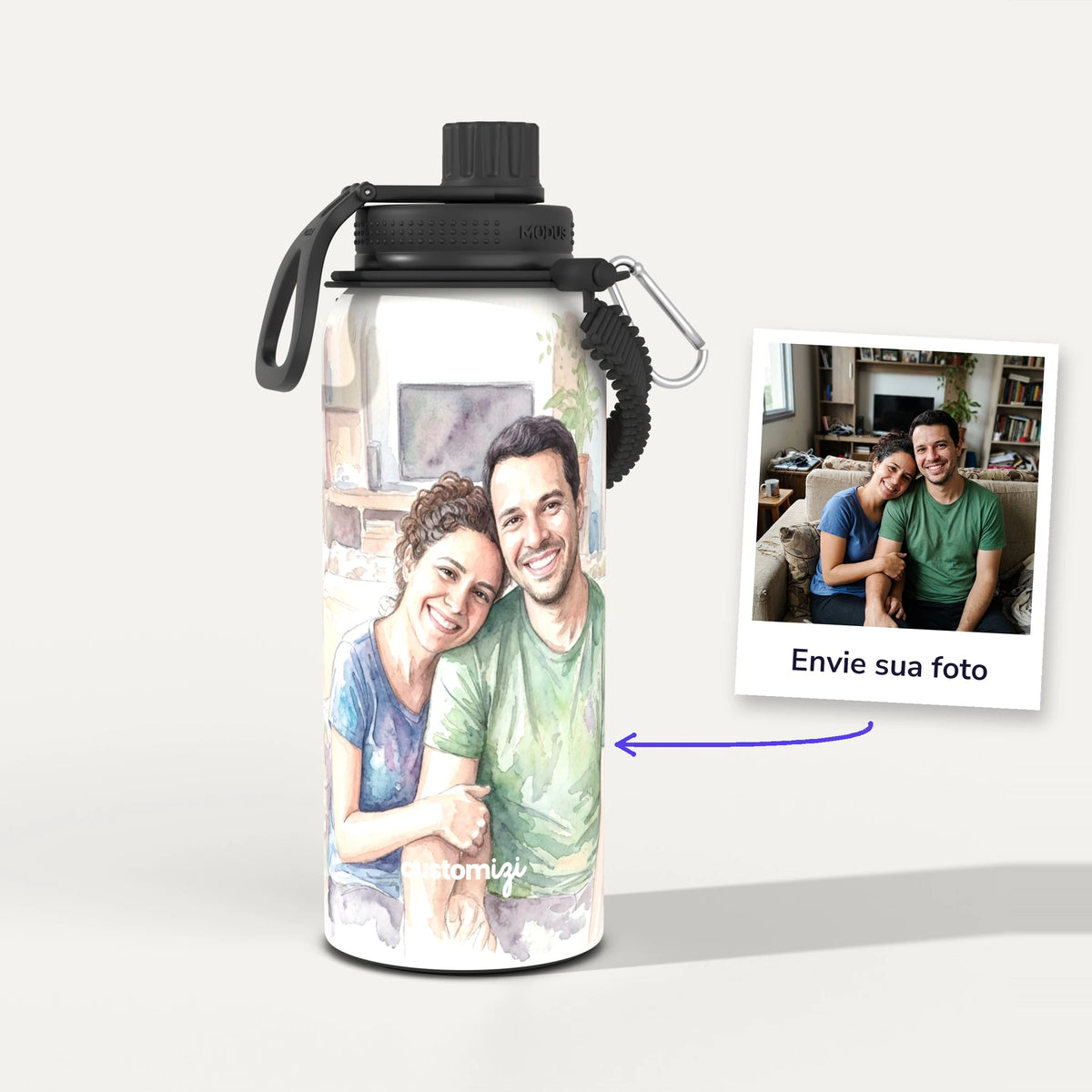 Garrafa Térmica 1L Aquarela personalizada: antes e depois com a foto enviada