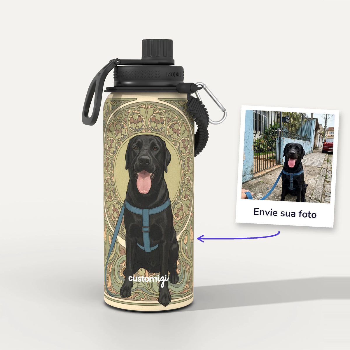 Garrafa Térmica 1L Art Nouveau personalizada: antes e depois com a foto enviada