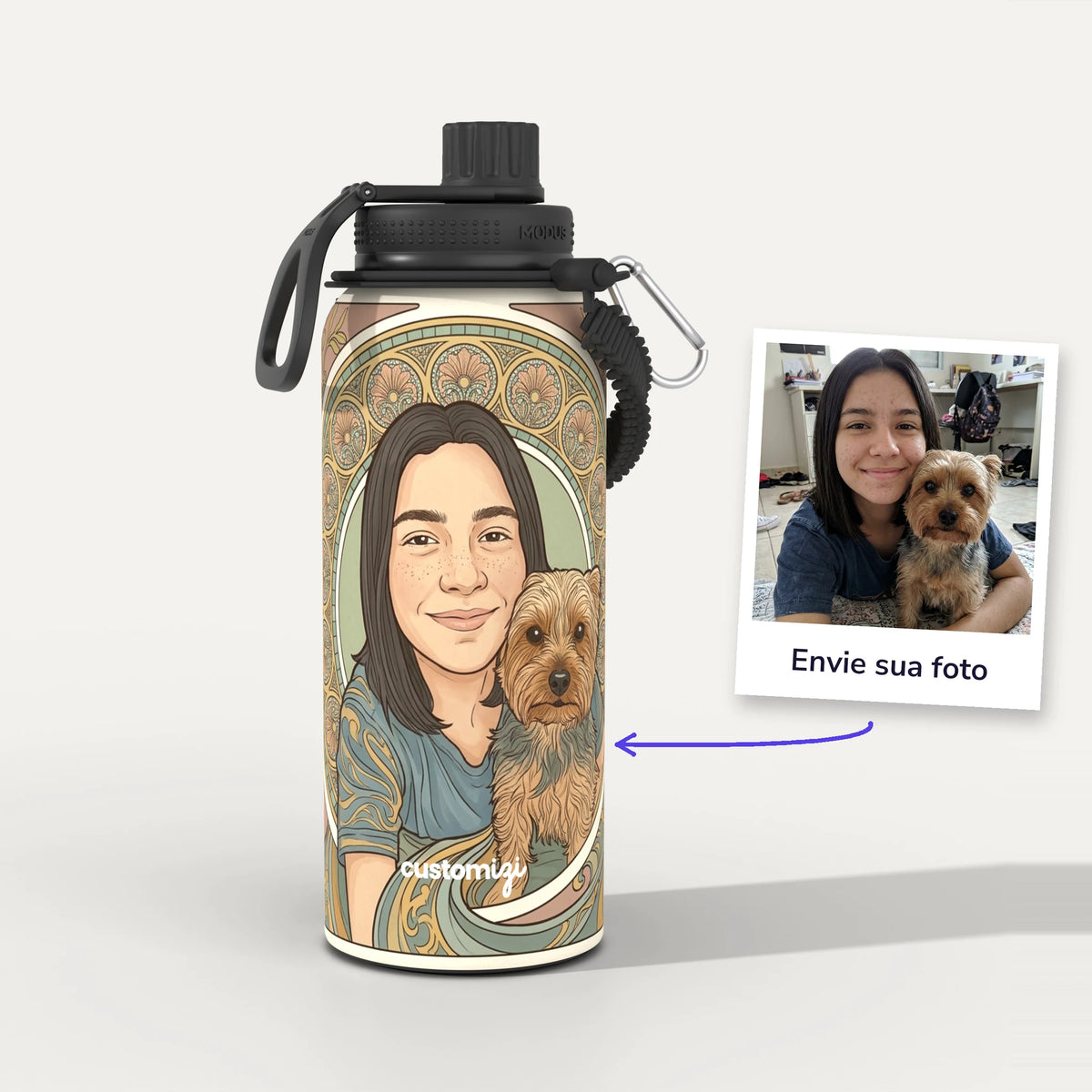 Garrafa Térmica 1L Art Nouveau personalizada: antes e depois com a foto enviada