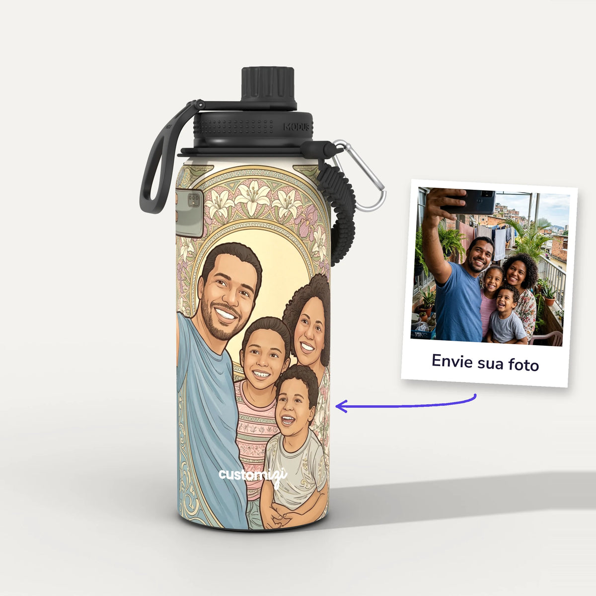 Garrafa Térmica 1L Art Nouveau personalizada: antes e depois com a foto enviada