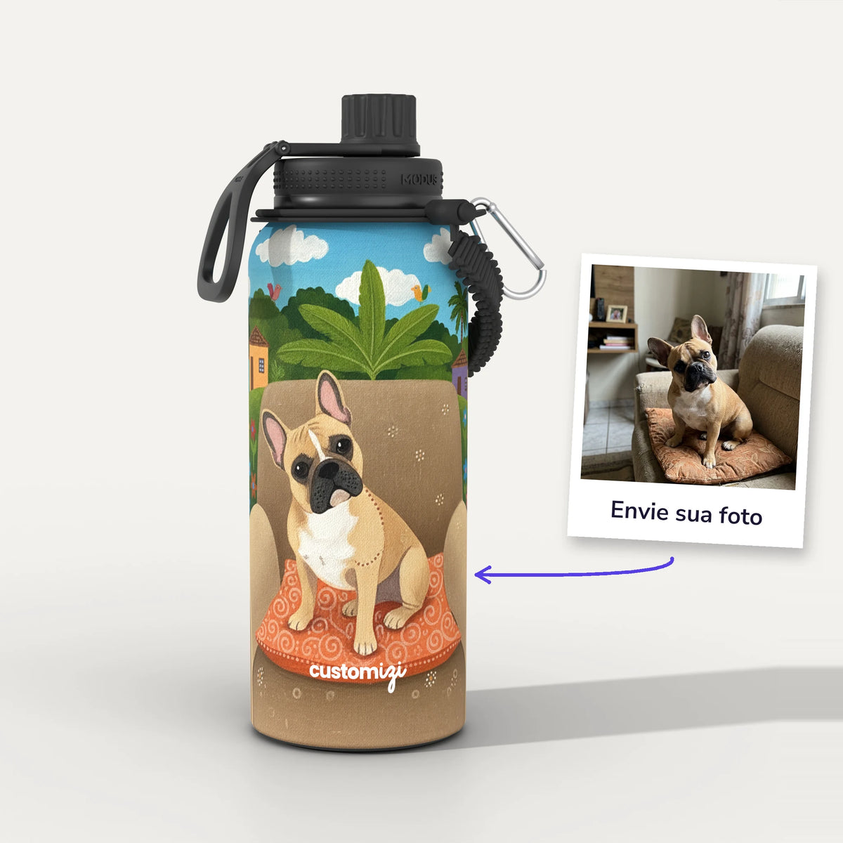 Garrafa Térmica 1L Arte Naïf Brasileira personalizada: antes e depois com a foto enviada
