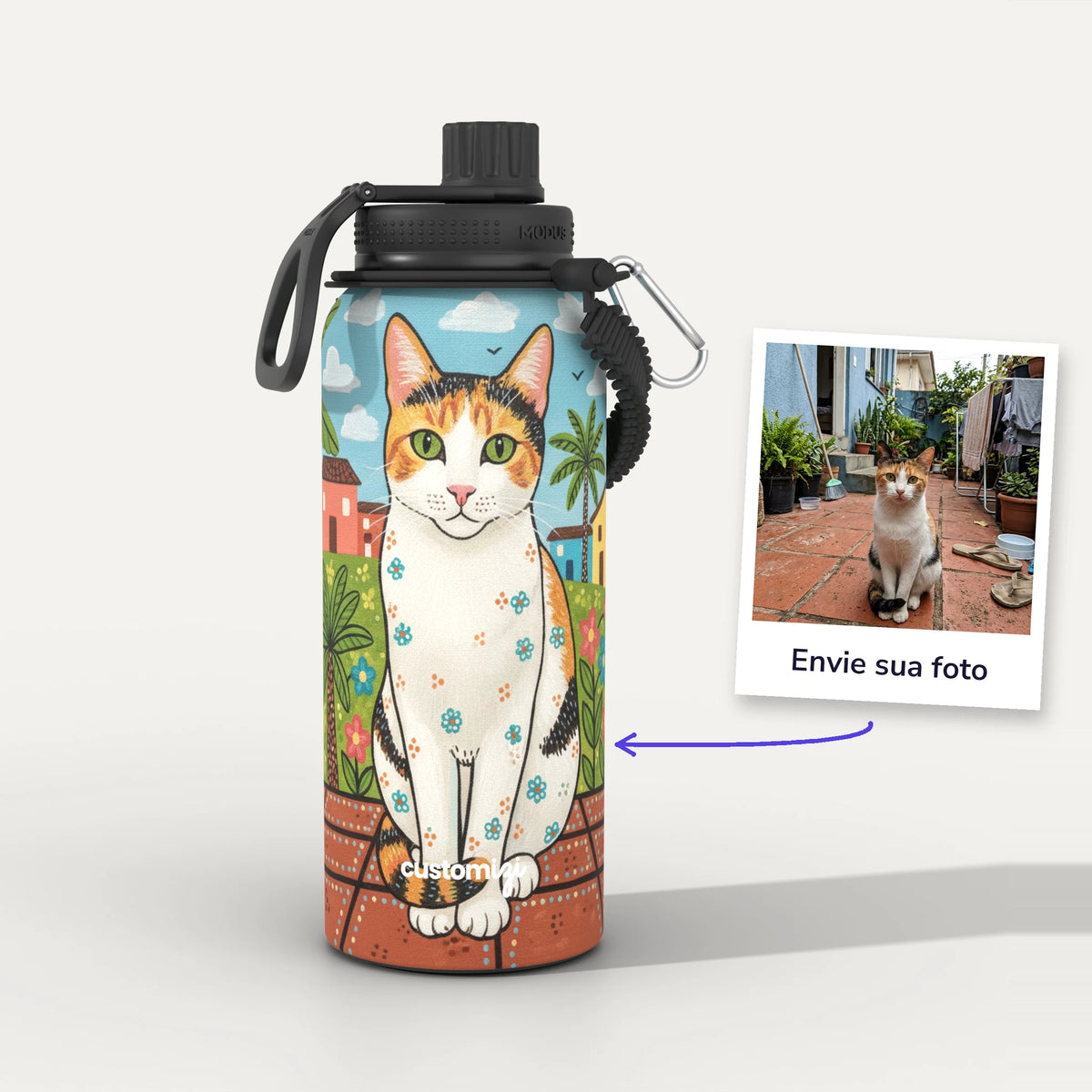 Garrafa Térmica 1L Arte Naïf Brasileira personalizada: antes e depois com a foto enviada