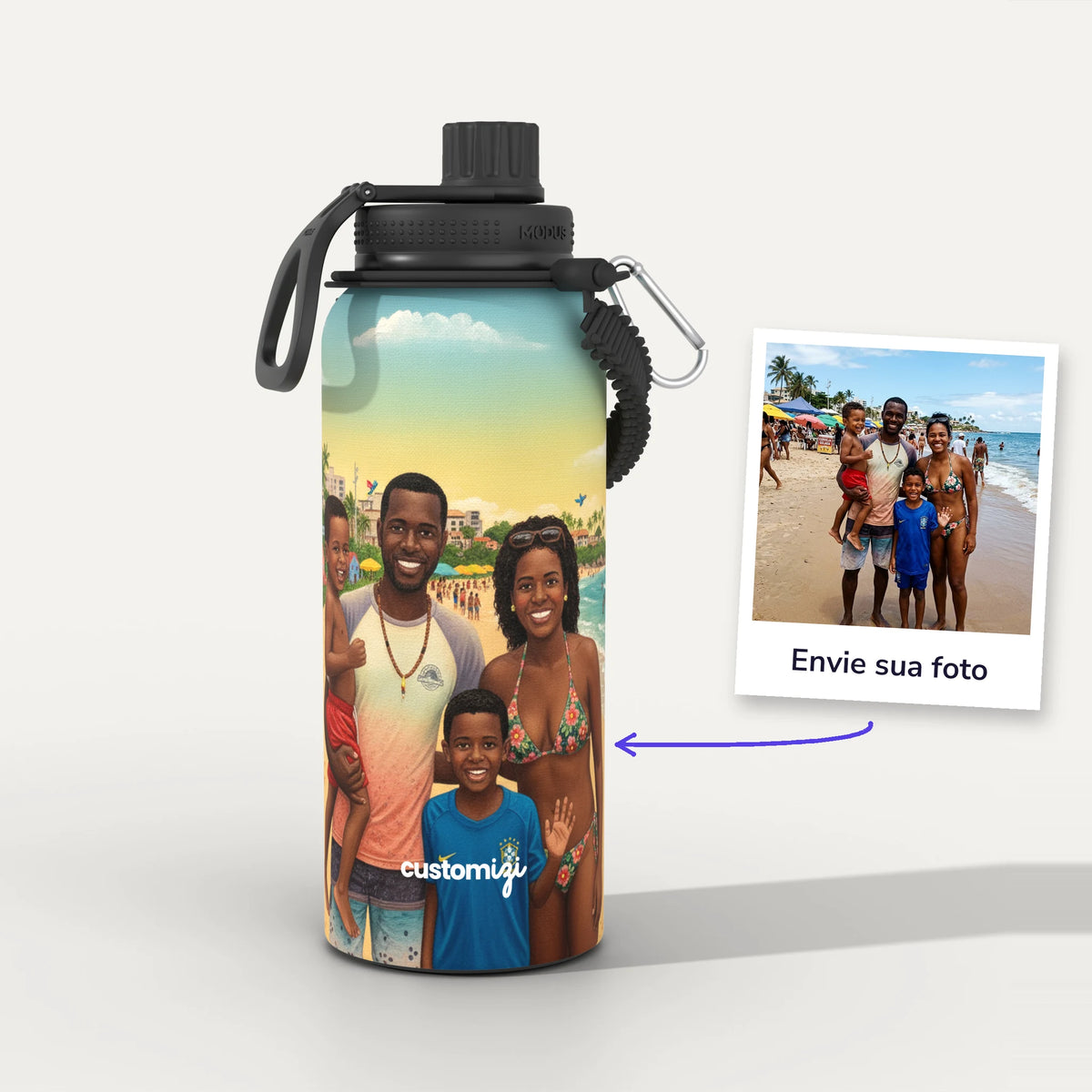 Garrafa Térmica 1L Arte Naïf Brasileira personalizada: antes e depois com a foto enviada