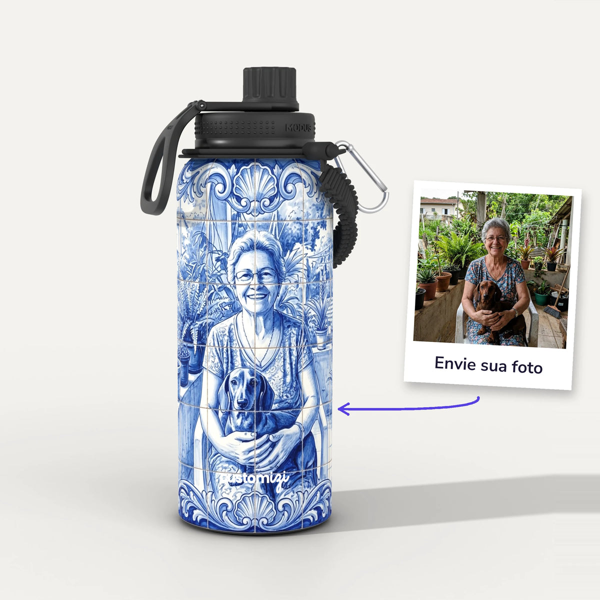 Garrafa Térmica 1L Azulejo Português personalizada: antes e depois com a foto enviada