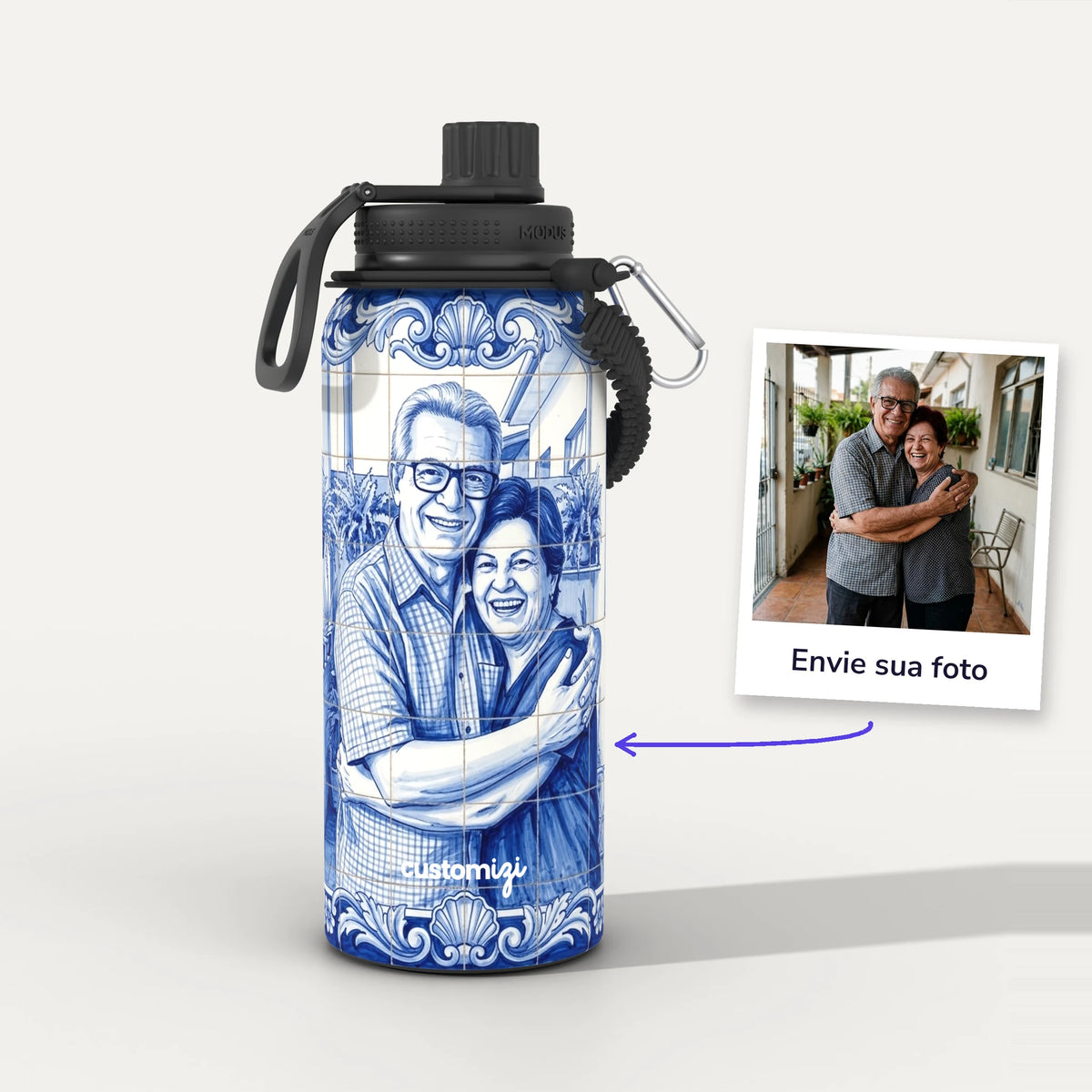 Garrafa Térmica 1L Azulejo Português personalizada: antes e depois com a foto enviada
