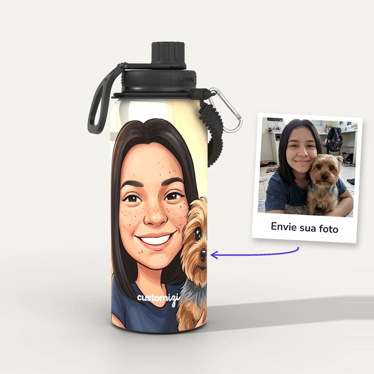Garrafa Térmica 1L Caricatura personalizada: antes e depois com a foto enviada