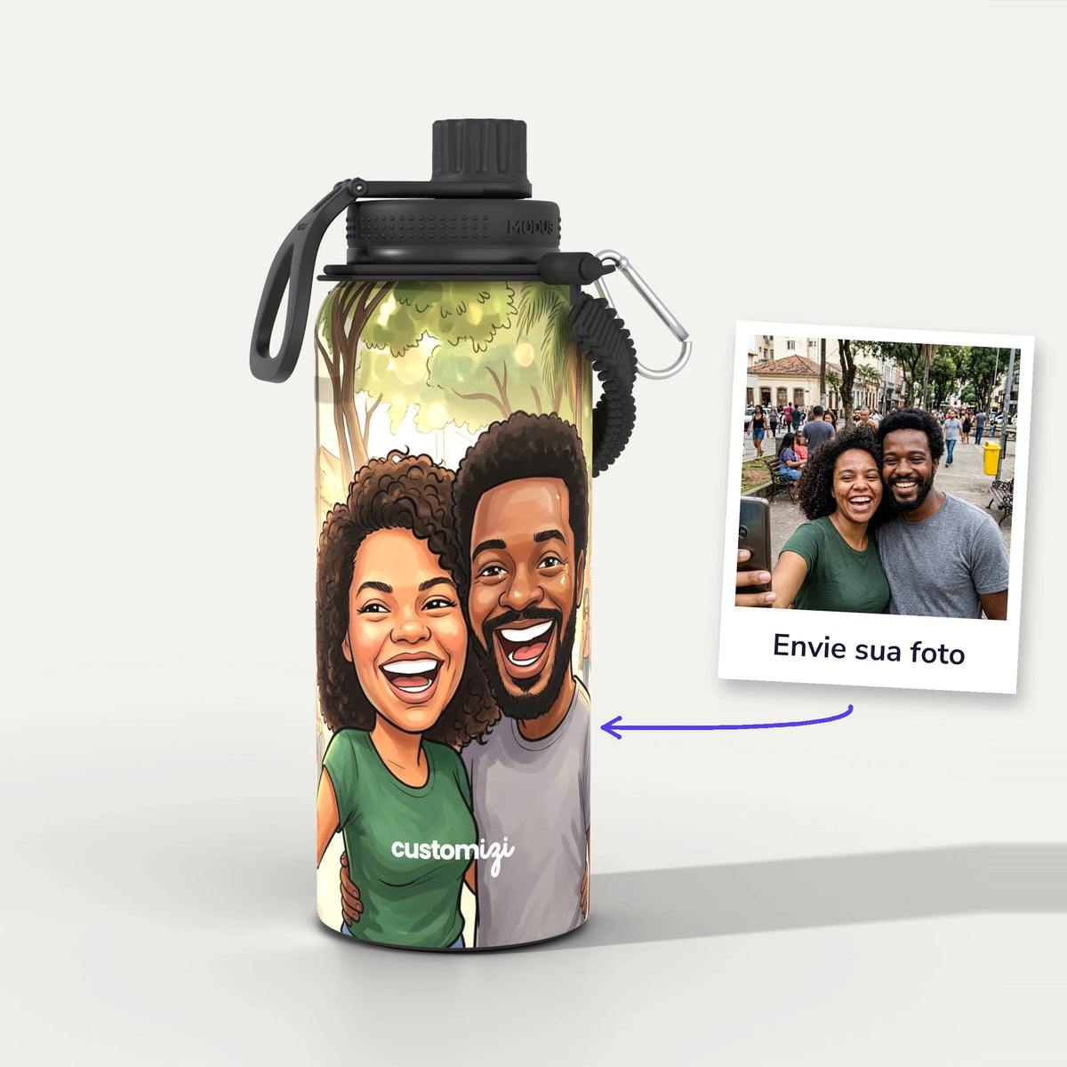 Garrafa Térmica 1L Caricatura personalizada: antes e depois com a foto enviada