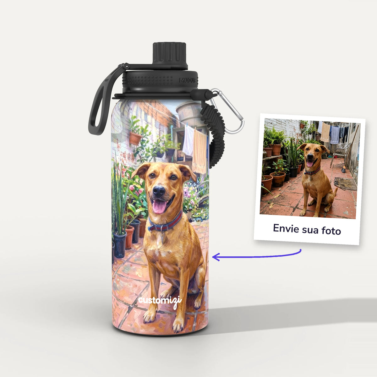 Garrafa Térmica 1L Impressionismo personalizada: antes e depois com a foto enviada