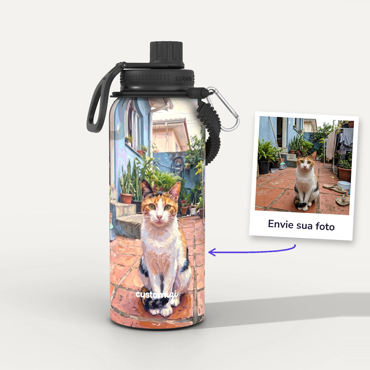 Garrafa Térmica 1L Impressionismo personalizada: antes e depois com a foto enviada