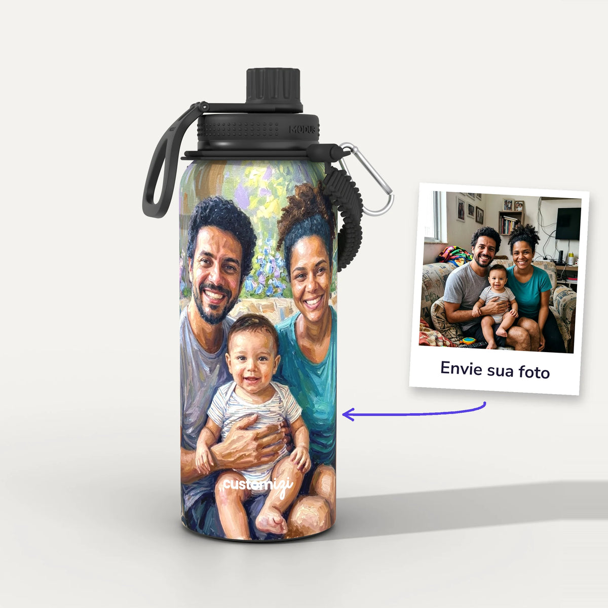 Garrafa Térmica 1L Impressionismo personalizada: antes e depois com a foto enviada