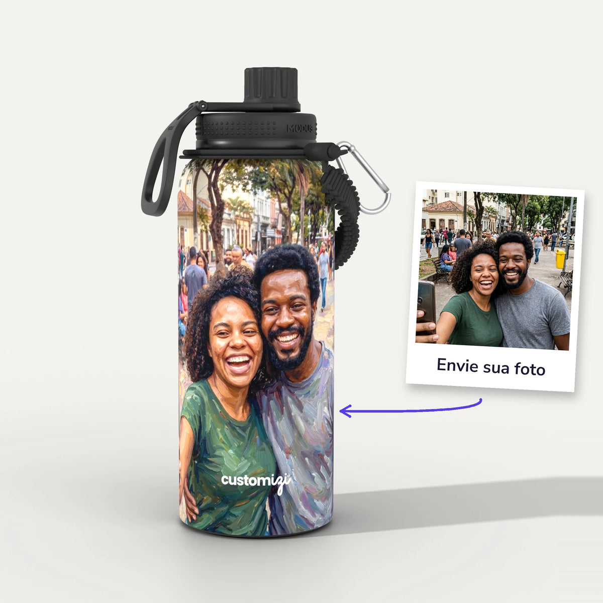 Garrafa Térmica 1L Impressionismo personalizada: antes e depois com a foto enviada