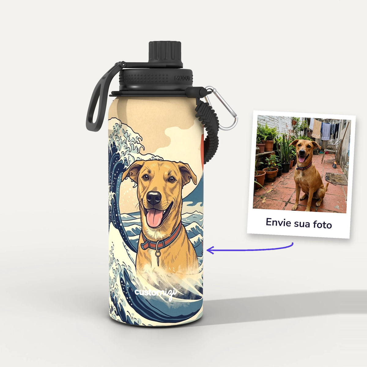Garrafa Térmica 1L Grande Onda Kanagawa personalizada: antes e depois com a foto enviada