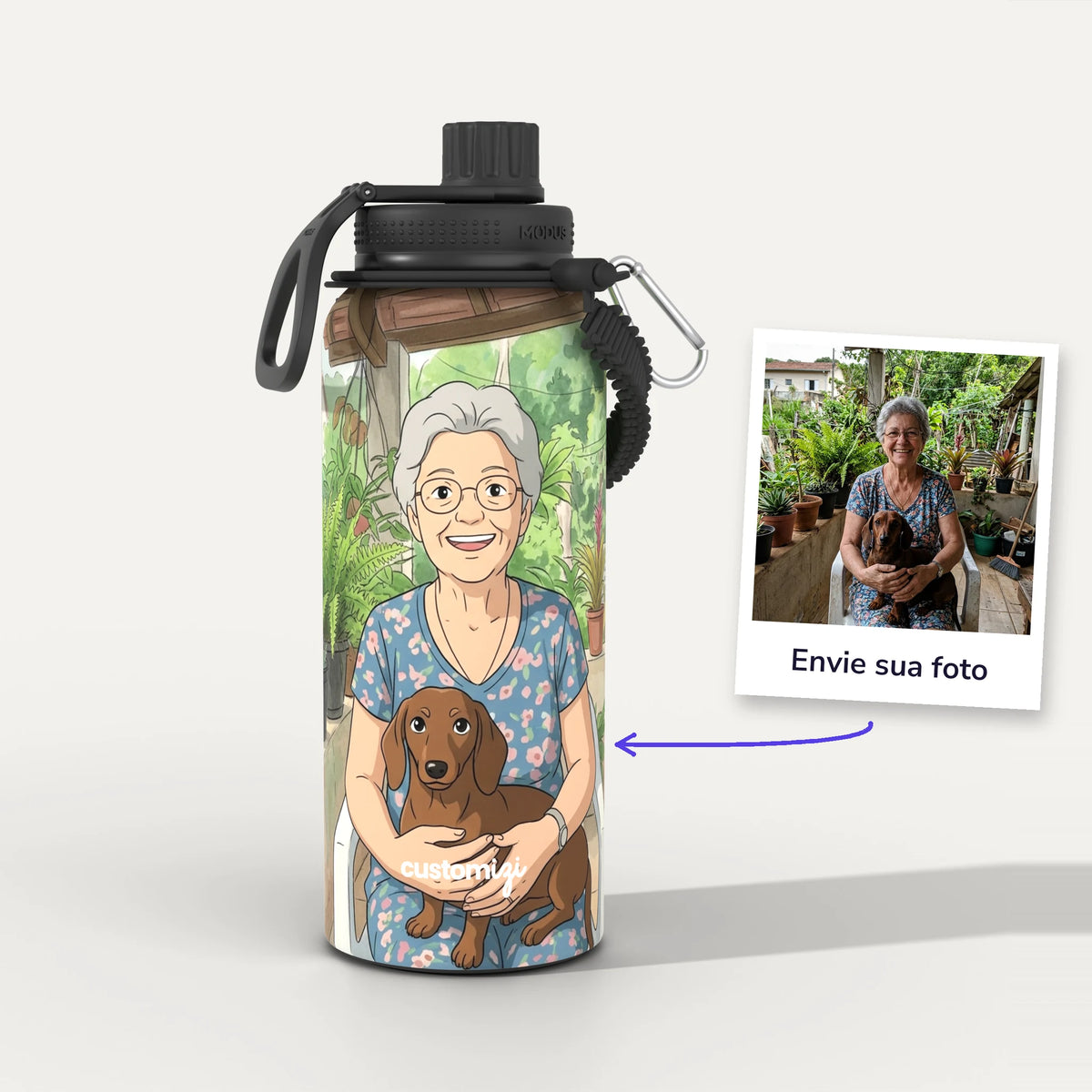 Garrafa Térmica 1L Mangá (desenho animado japonês) personalizada: antes e depois com a foto enviada