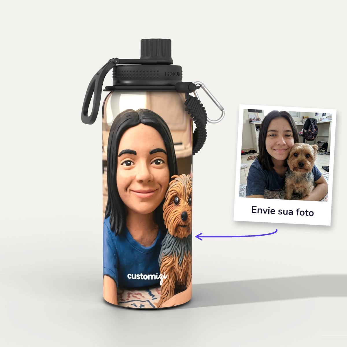 Garrafa Térmica 1L Massinha personalizada: antes e depois com a foto enviada