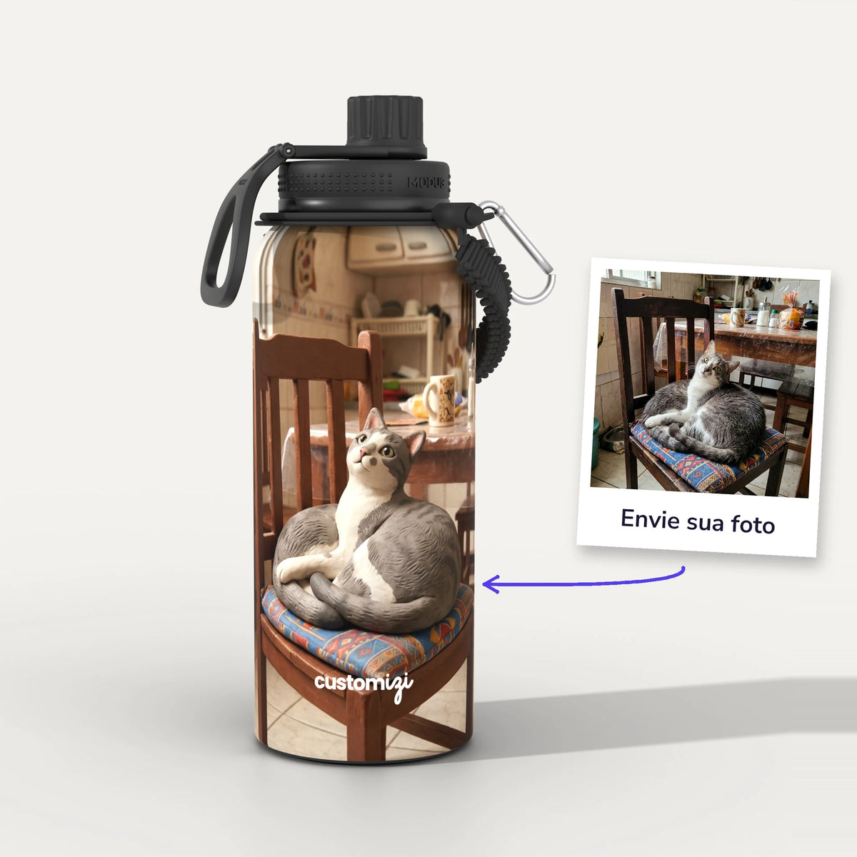 Garrafa Térmica 1L Massinha personalizada: antes e depois com a foto enviada