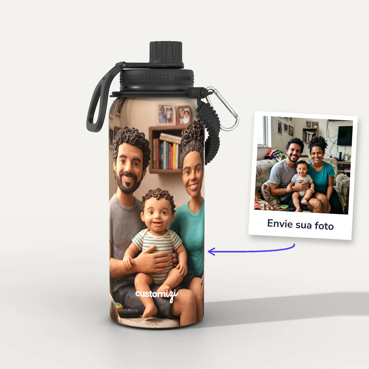 Garrafa Térmica 1L Massinha personalizada: antes e depois com a foto enviada