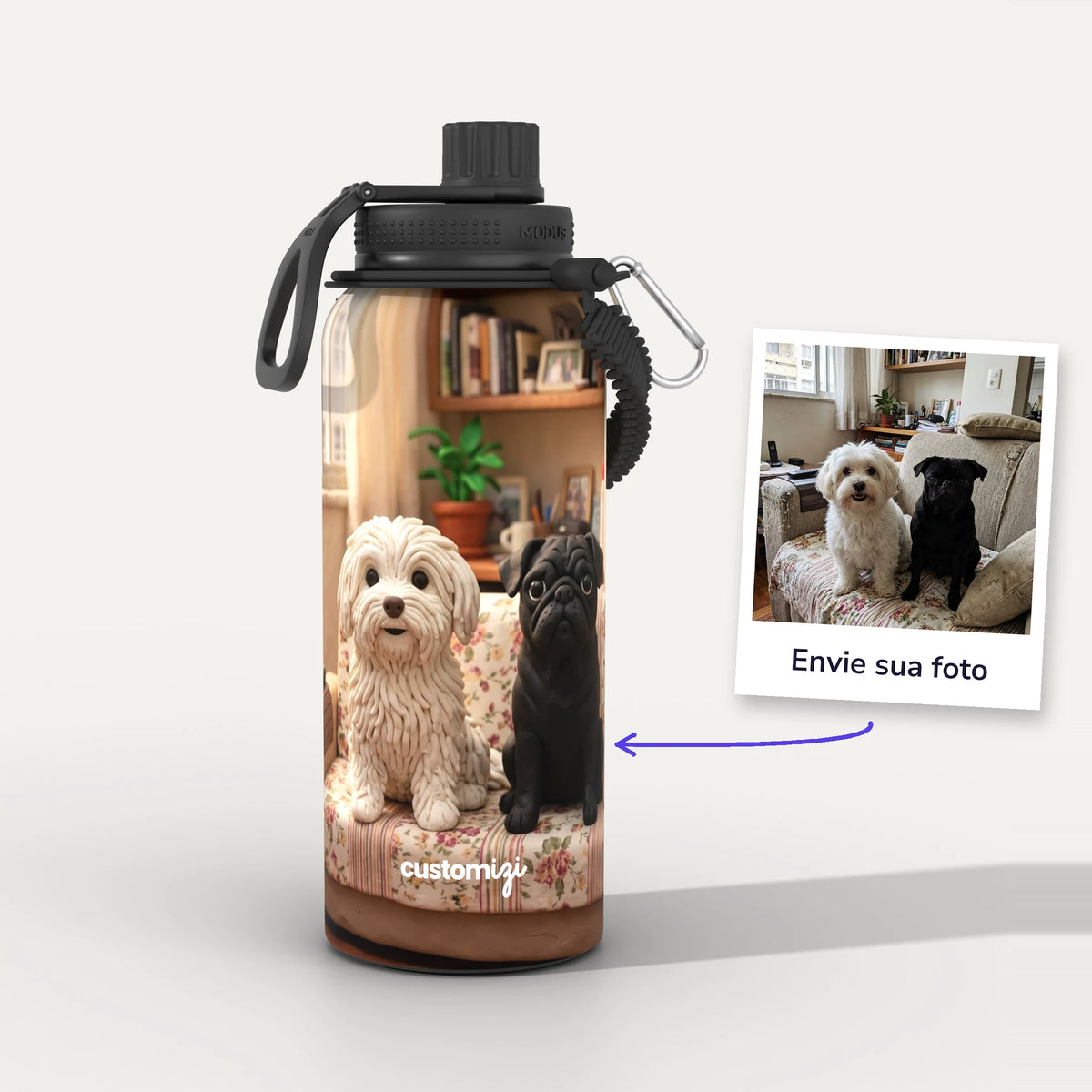 Garrafa Térmica 1L Massinha personalizada: antes e depois com a foto enviada