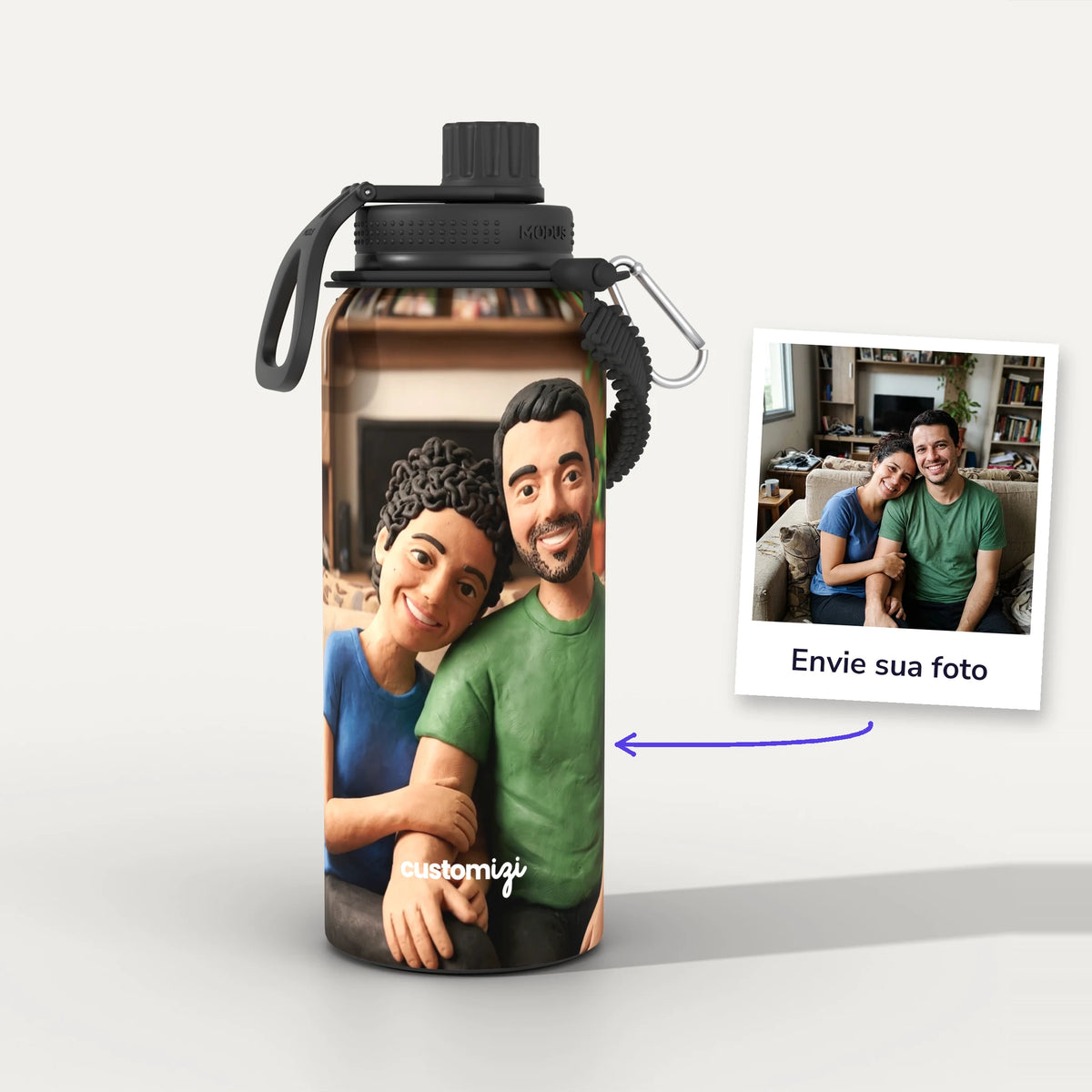 Garrafa Térmica 1L Massinha personalizada: antes e depois com a foto enviada