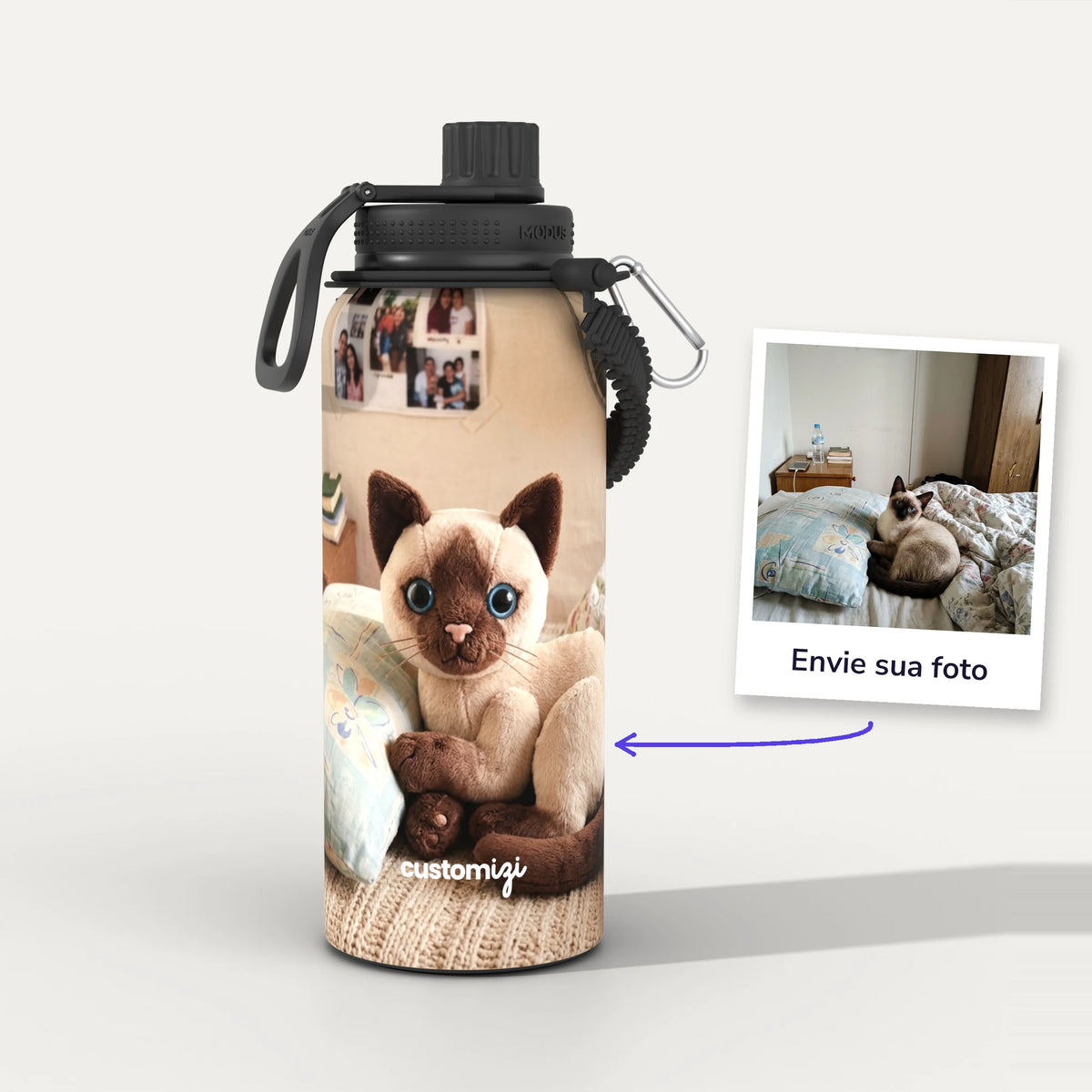 Garrafa Térmica 1L Pelúcia personalizada: antes e depois com a foto enviada
