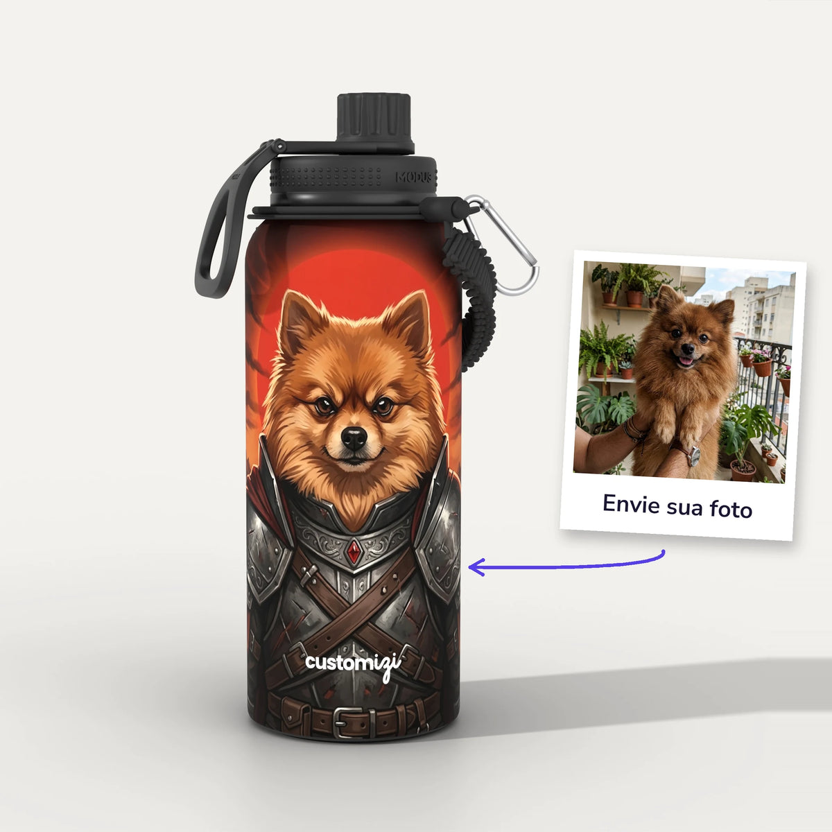 Garrafa Térmica 1L Pet Guerreiro Medieval personalizada: antes e depois com a foto enviada