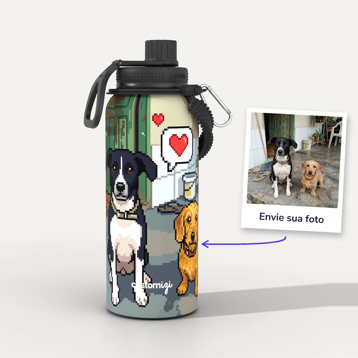 Garrafa Térmica 1L Pixel Art personalizada: antes e depois com a foto enviada