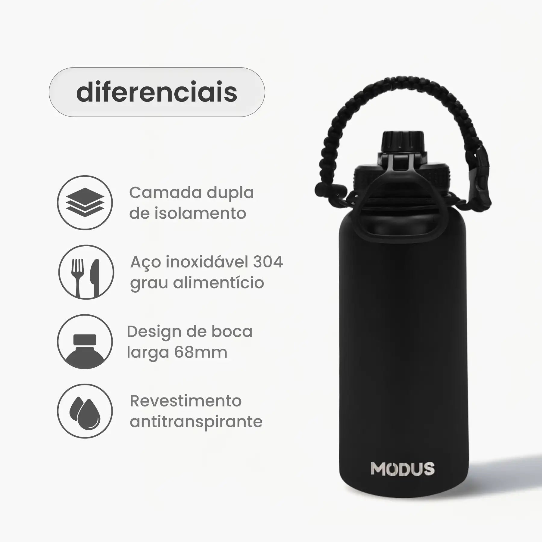 Garrafa - Modus - 1L - Preto - Texto Horizontal - customizi