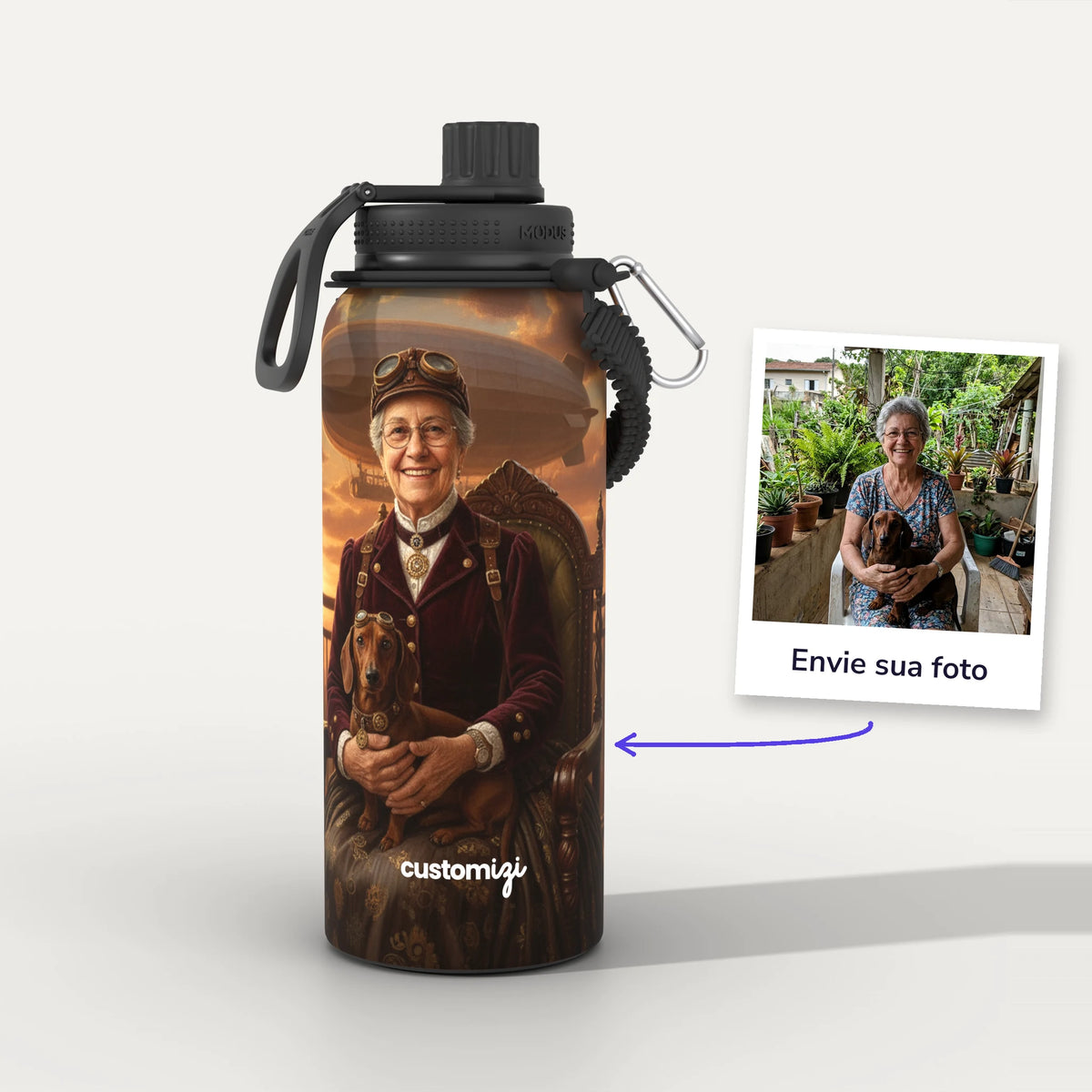 Garrafa Térmica 1L Steampunk personalizada: antes e depois com a foto enviada
