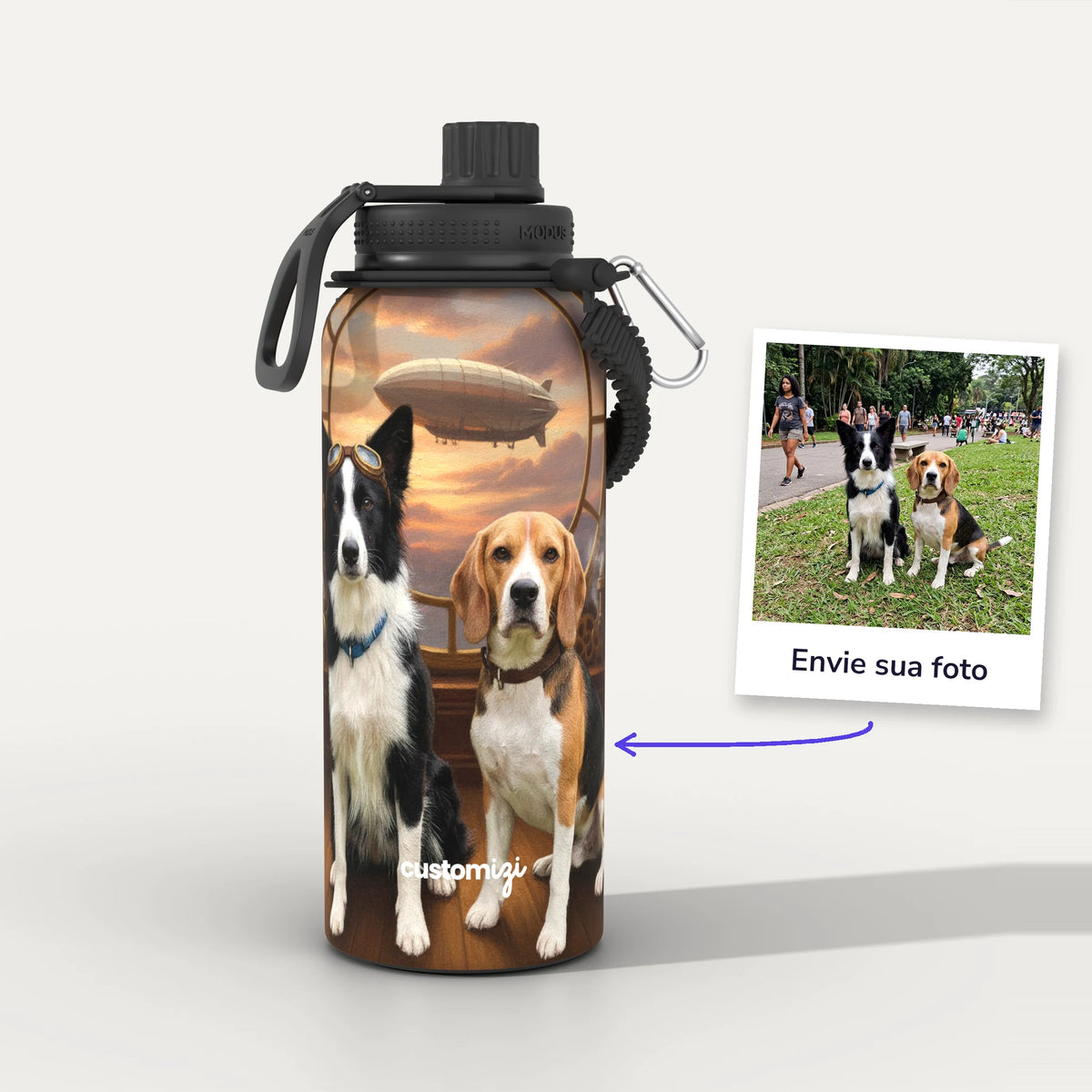 Garrafa Térmica 1L Steampunk personalizada: antes e depois com a foto enviada