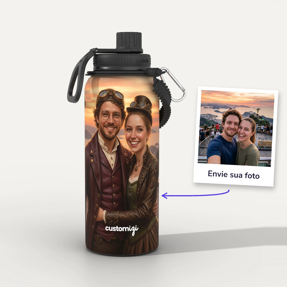 Garrafa Térmica 1L Steampunk personalizada: antes e depois com a foto enviada