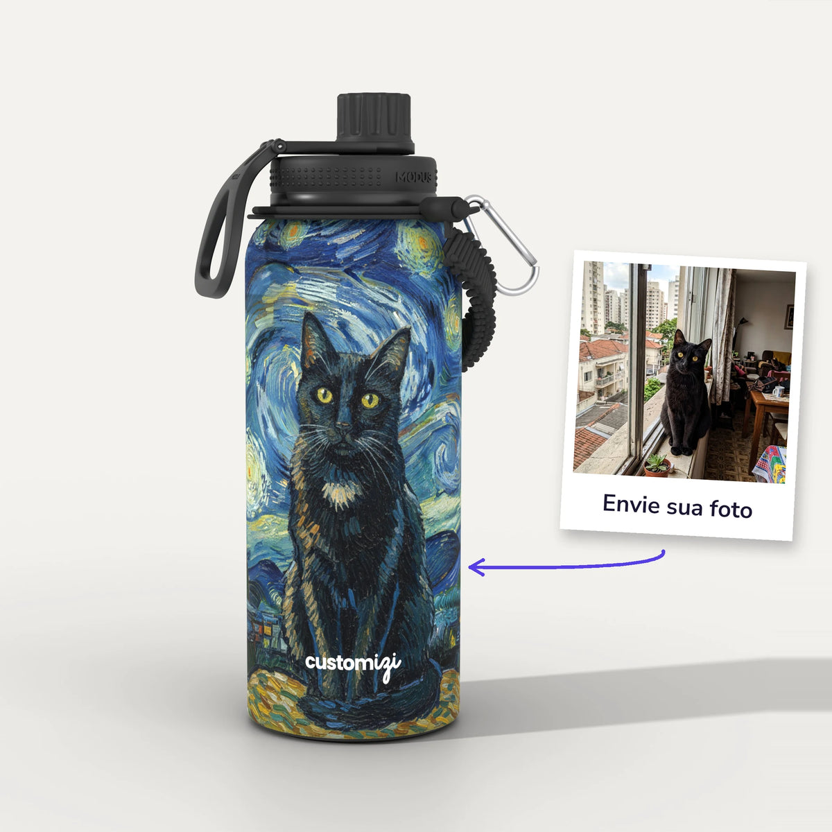 Garrafa Térmica 1L Noite Estrelada Van Gogh personalizada: antes e depois com a foto enviada